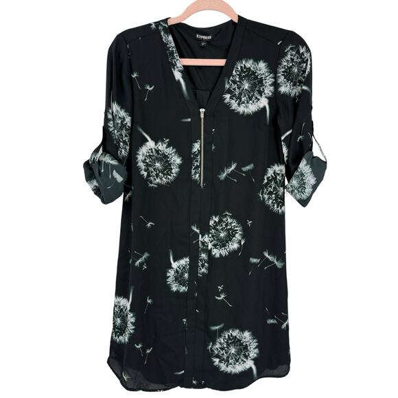 Express XS Shift Dress Dandelion Print Black Chiffon Zipper V Neck Long Sleeve - Picture 2 of 11